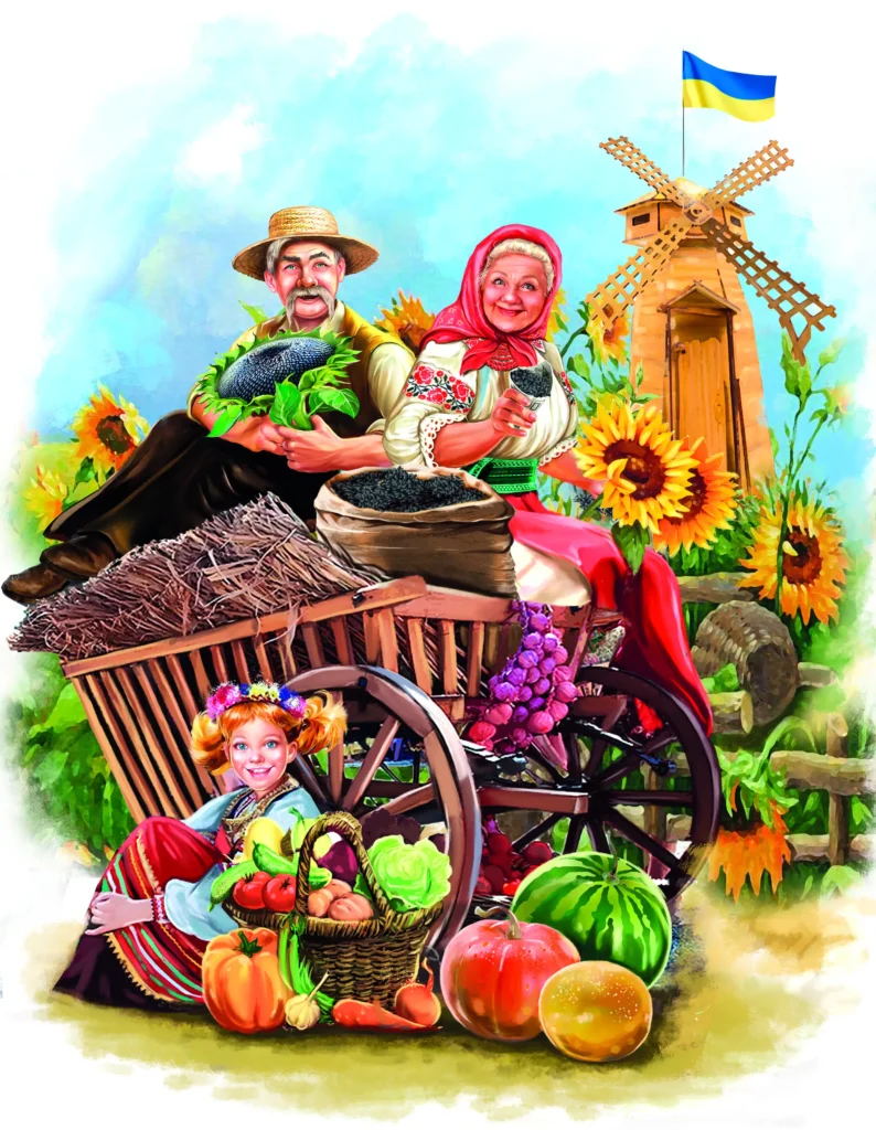 Auf uns wartet der ukrainischer Jahrmarkt, auf der Sie geröstete Sonnenblumen- und Kürbiskerne verkaufen und kaufen können